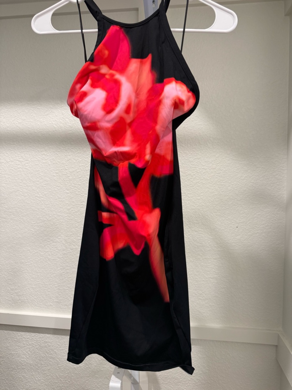 Backless Floral Halter Dress in Black and Red